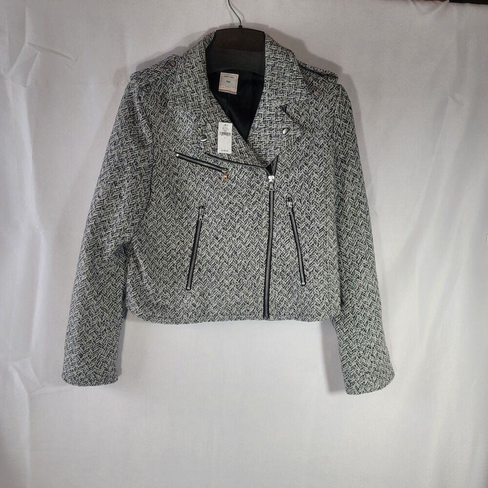 Gap Black and White Herringbone Tweed Moto Jacket Zip Motorcycle Size Large NWT